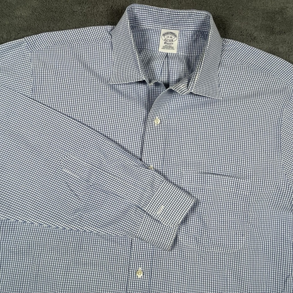 Brooks Brothers Classic Fit Shirt 17-35 Blue Plaid Checked Oxford Supima Cotton
